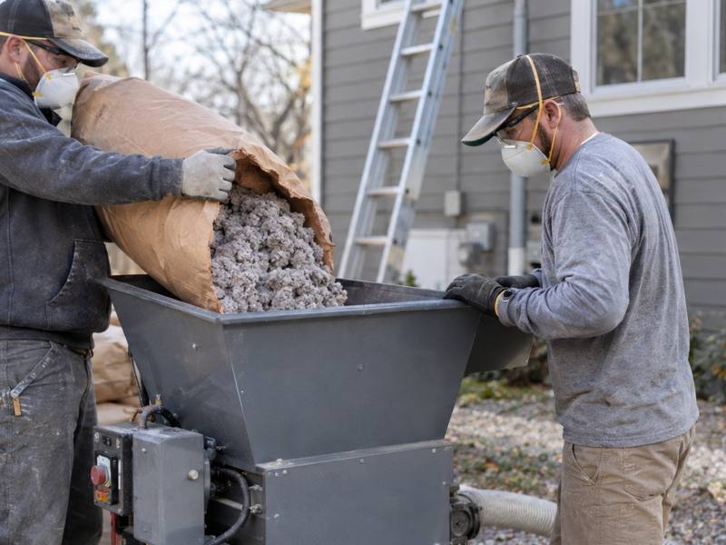 Two workers feeding bags into a machine on a tarp outside a grey house during insulation removal